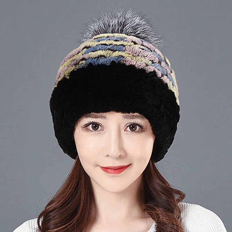 Women's Winter Rex Rabbit Fur Ball Thickened Warm All-match Ear Protection Knitted Wool Cap